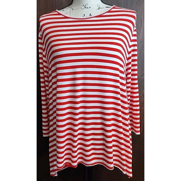 Orvis Large Tunic Top 4th of July Striped Red White Stretch 3/4 sleeve viscose - Picture 1 of 6